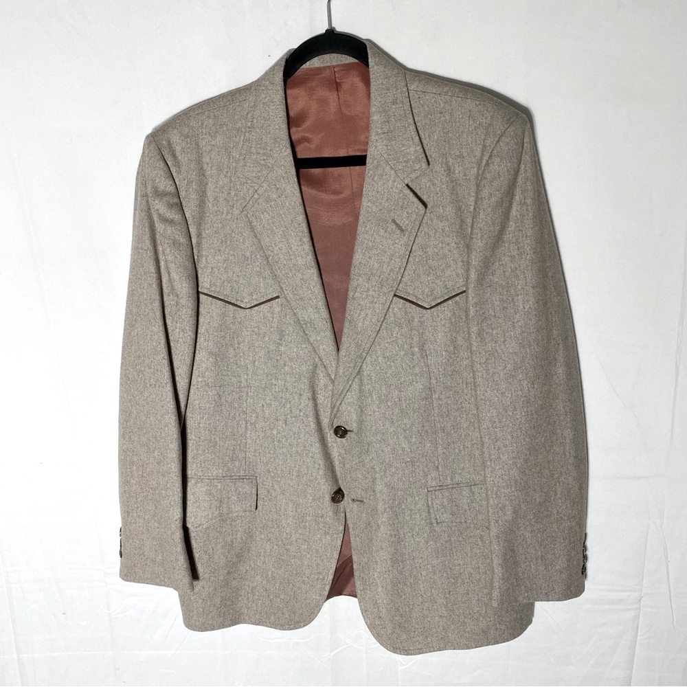 Vintage Tan Beige Wool Blend Western Two Button Blazer 44R Cowboy Stampede Rodeo - Picture 14 of 14